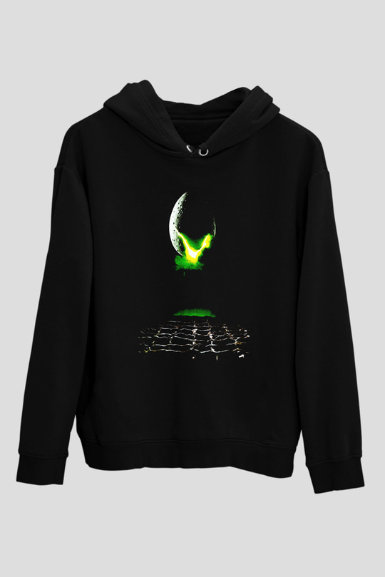 Unisex Yaratık (Alien) Baskılı Siyah Unisex Kapüşonlu Sweatshirt