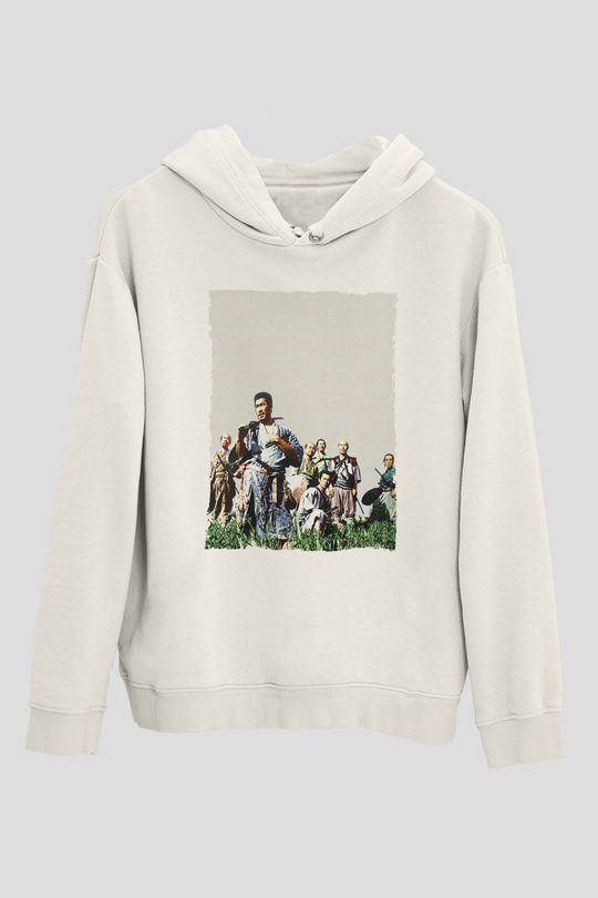 Unisex Yedi Samuray (Seven Samurai) Baskılı Beyaz Kapüşonlu Sweatshirt