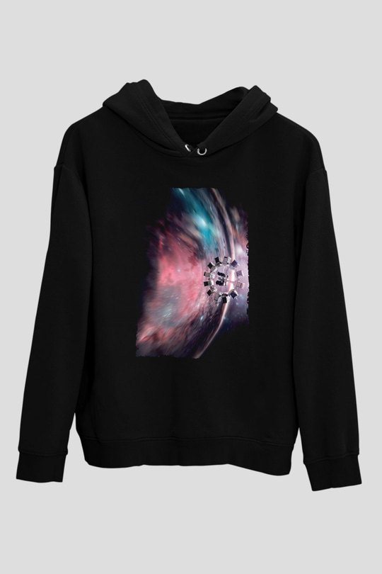 Unisex Yıldızlararası (Interstellar) Baskılı Siyah Kapüşonlu Sweatshirt