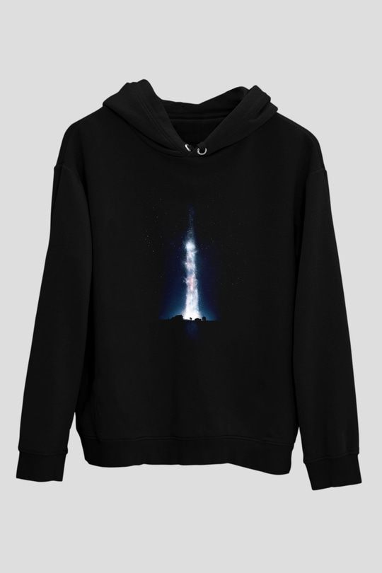 Unisex Yıldızlararası (Interstellar) Baskılı Siyah Kapüşonlu Sweatshirt