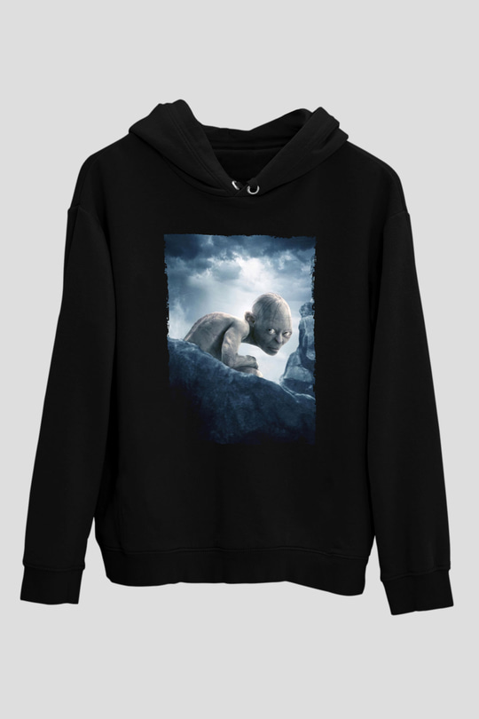 Unisex Yüzüklerin Efendisi İki Kule (The Lord of the Rings The Two Towers) Baskılı Siyah Kapüşonlu Sweatshirt