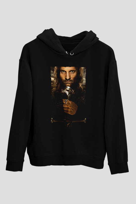 Unisex Yüzüklerin Efendisi Kralın Dönüşü (The Lord of the Rings The Return of the King) Baskılı Siyah Kapüşonlu Sweatshirt
