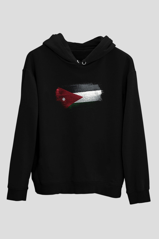 Ürdün Bayrağı Baskılı Unisex Siyah Kapüşonlu Sweatshirt