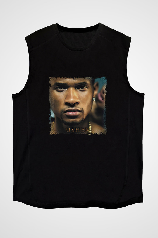 Usher  Baskılı Unisex Siyah Kolsuz Tişört