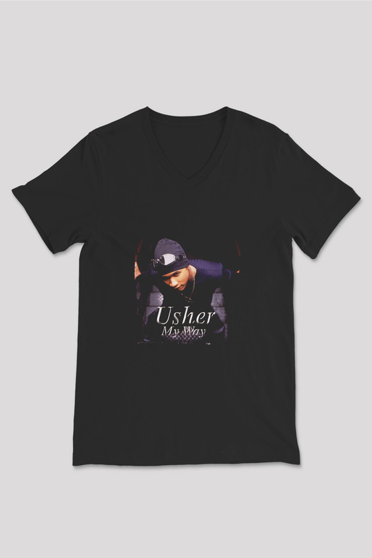 Usher  Baskılı Unisex Siyah V Yaka Tişört