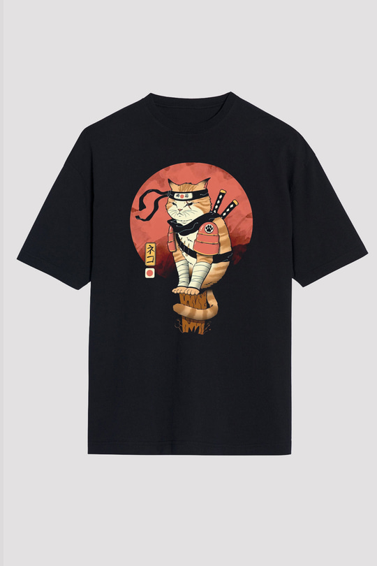 Uzakdoğu Samuray Kedi Baskılı Unisex Siyah Tişört