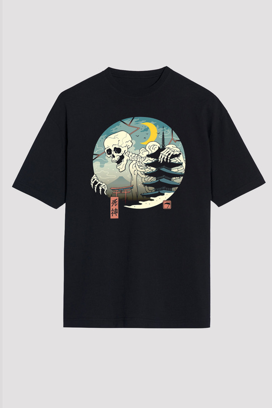 Uzakdoğulu İskelet Baskılı Siyah Unisex Tişört