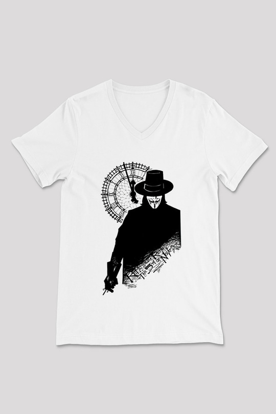 Vendetta Beyaz Unisex V Yaka Tişört T-Shirt