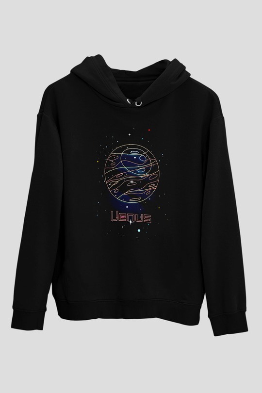 Venüs Çizim Baskılı Unisex Siyah Kapüşonlu Sweatshirt