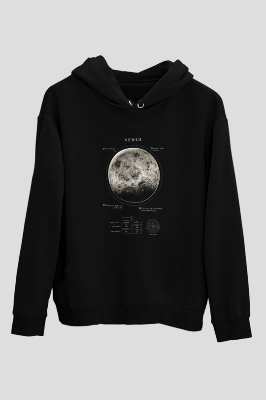 Venüs Fiziksel Özellikleri Baskılı Unisex Siyah Kapüşonlu Sweatshirt