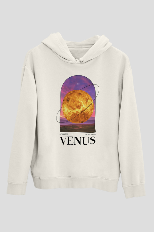 Venüs Gezegeni Baskılı Unisex Ekru Hoodie