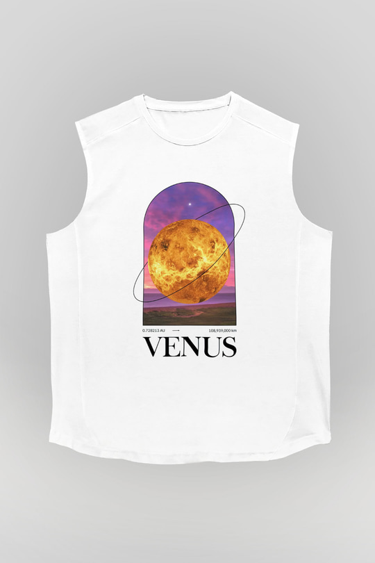 Venüs Gezegeni Baskılı Unisex Kolsuz Beyaz Tişört - Tshirt