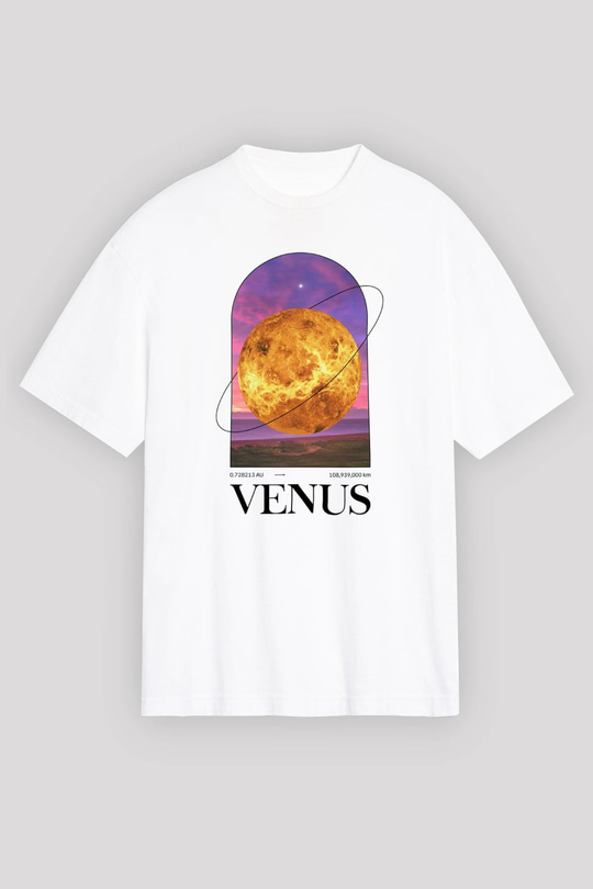 Venüs Gezegeni Baskılı Unisex Oversize Beyaz Tişört - Tshirt