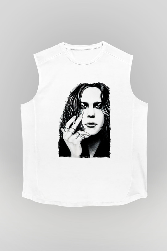 Ville Valo Baskılı Beyaz Unisex Kolsuz Tişört - Tshirt
