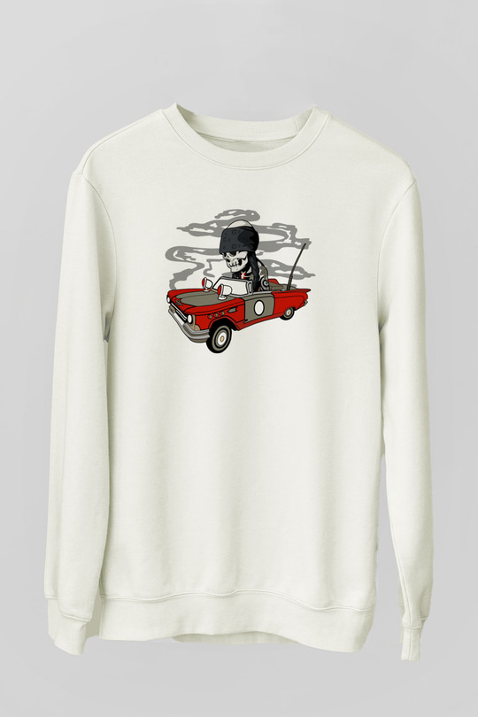 Vintage İskelet Sürücü Baskılı Unisex Beyaz Sweatshirt