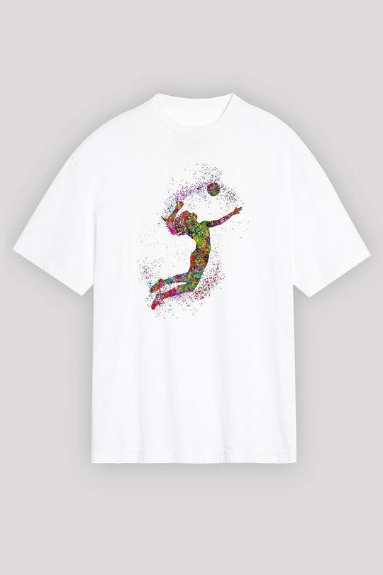 Voleybol Baskılı Unisex Beyaz Oversize Tişört - Tshirt