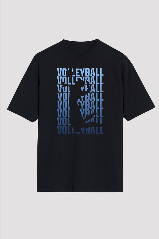 Voleybol - Volleyball Baskılı Unisex Siyah Oversize Tişört