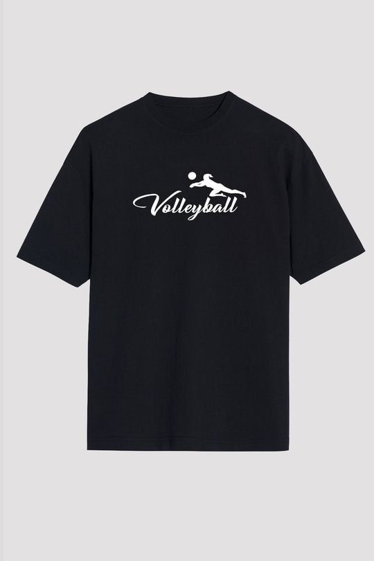 Voleybol - Volleyball Baskılı Unisex Siyah Oversize Tişört