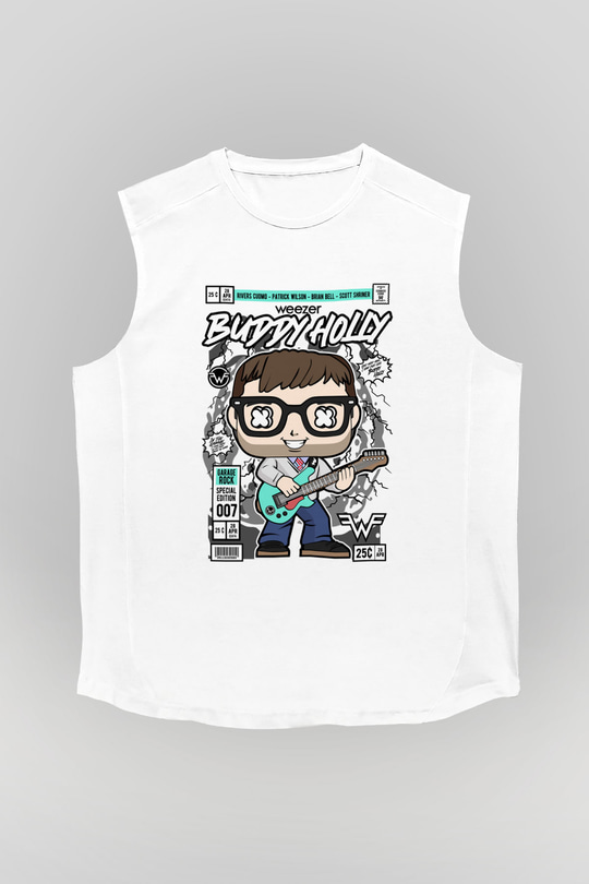 Weezer Buddy Holly Baskılı Unisex Beyaz Kolsuz Tişört