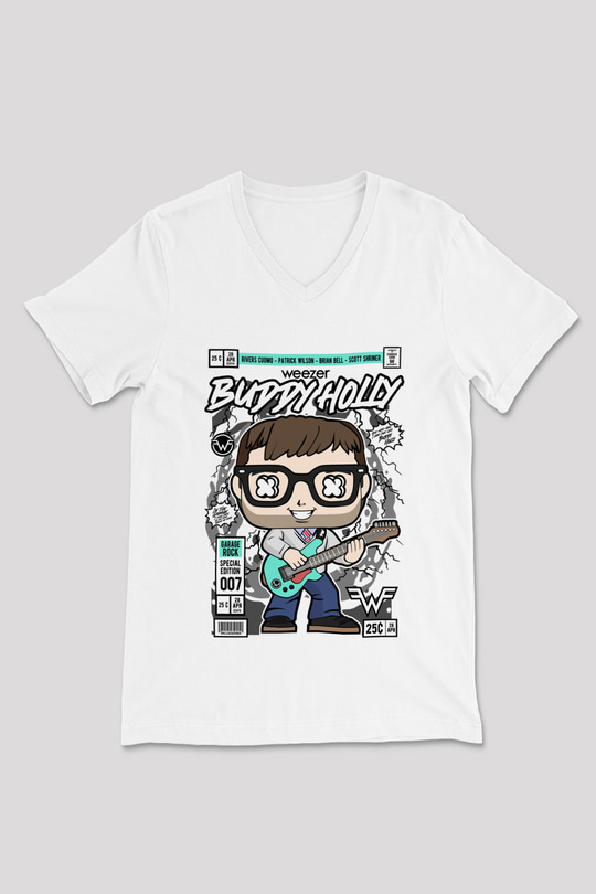 Weezer Buddy Holly Baskılı Unisex Beyaz V Yaka Tişört