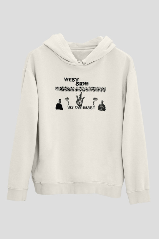 West Side Connection Baskılı Beyaz Unisex Kapüşonlu Sweatshirt