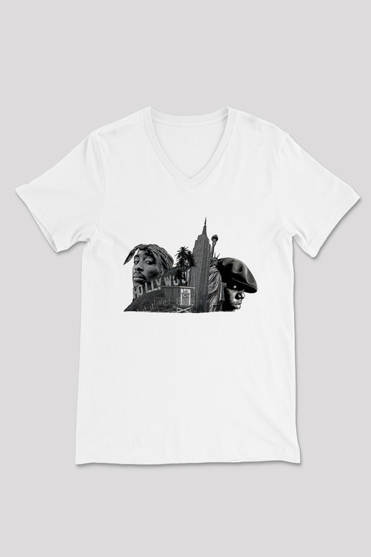 West Side Connection Baskılı Beyaz Unisex V Yaka Tişört - Tshirt