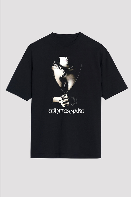 Whitesnake Baskılı Unisex Siyah Oversize Tişört - Tshirt