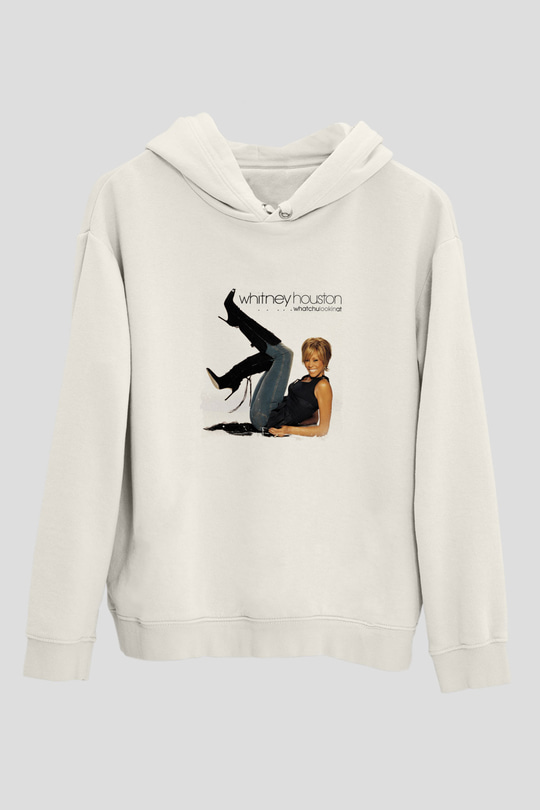 Whitney Houston Baskılı Unisex Beyaz Kapüşonlu Sweatshirt