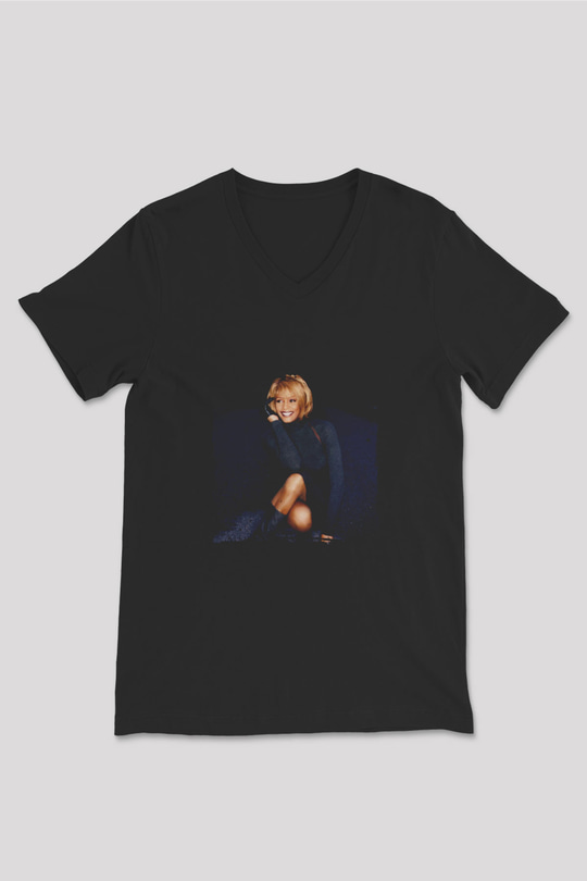 Whitney Houston Baskılı Unisex Siyah V Yaka Tişört