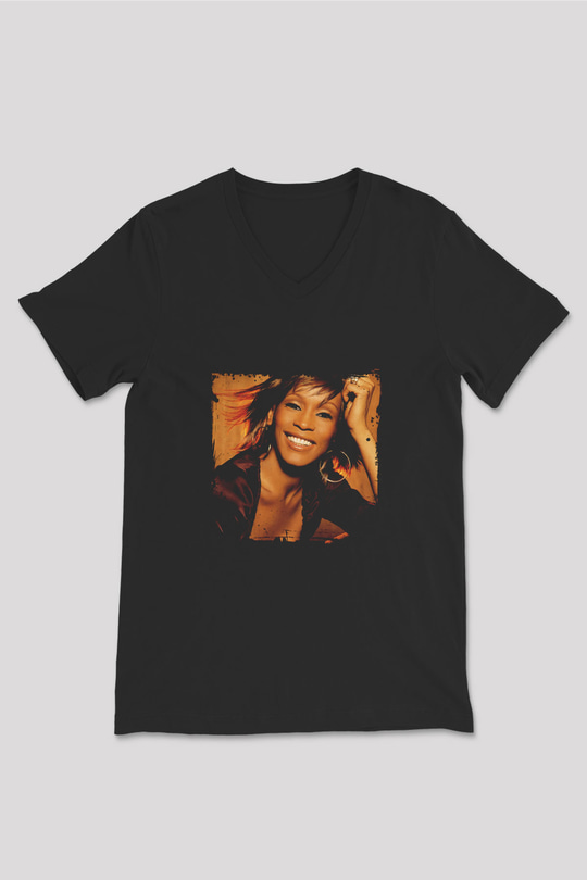 Whitney Houston Baskılı Unisex Siyah V Yaka Tişört