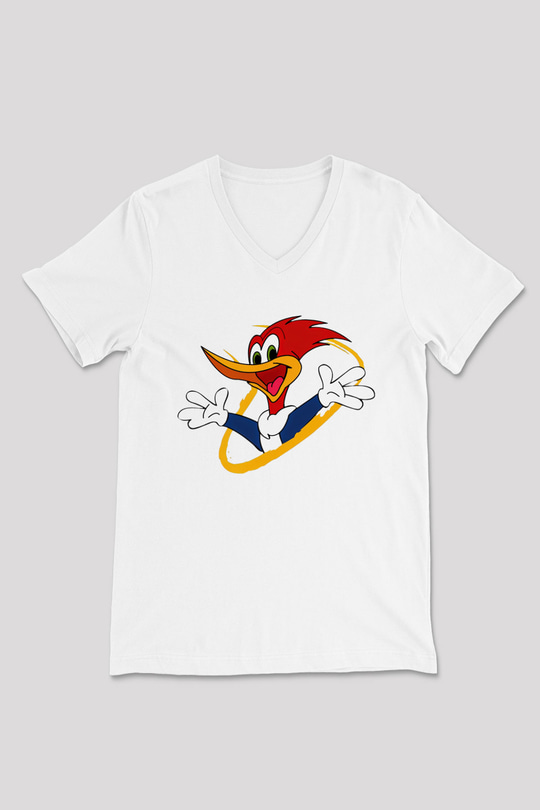 Woody Woodpecker Beyaz Unisex V Yaka Tişört