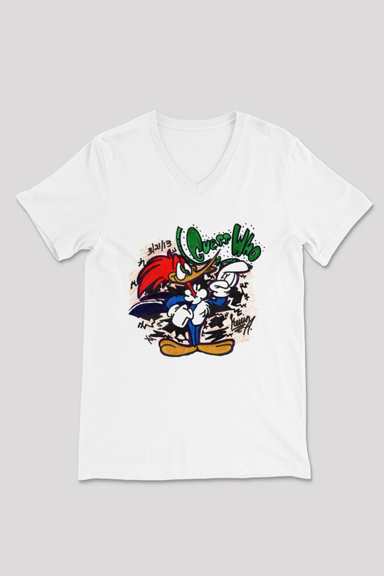 Woody Woodpecker Beyaz Unisex V Yaka Tişört