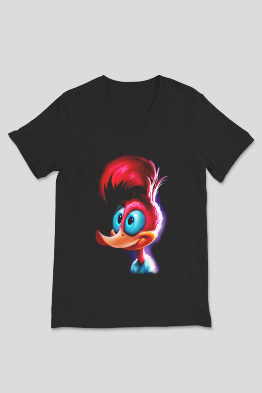 Woody Woodpecker Siyah Unisex V Yaka Tişört