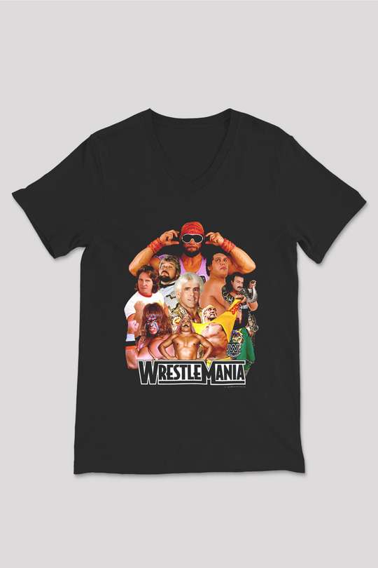 WrestleMania Siyah Unisex  V Yaka Tişört