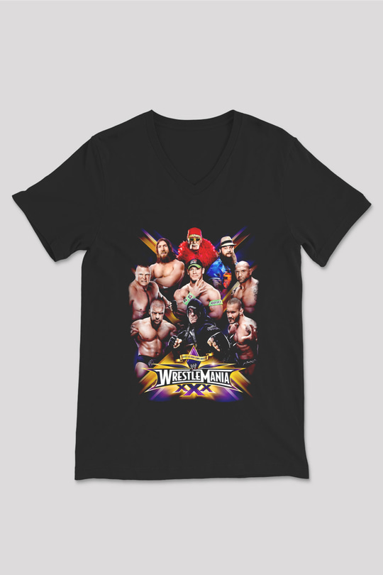 WrestleMania Siyah Unisex  V Yaka Tişört