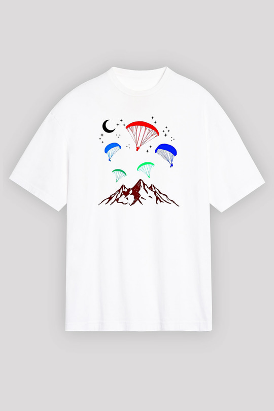 Yamaç Paraşütü Baskılı Unisex Beyaz Oversize Tişört - Tshirt