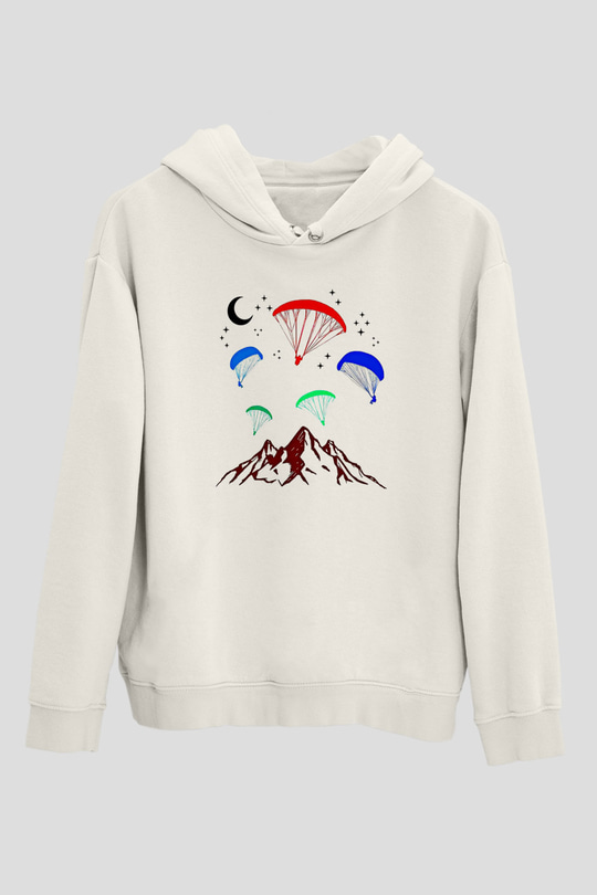 Yamaç Paraşütü Baskılı Unisex Ekru Hoodie