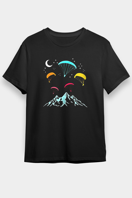 Yamaç Paraşütü - Paragliding Baskılı Unisex Siyah Tişört - Tshirt