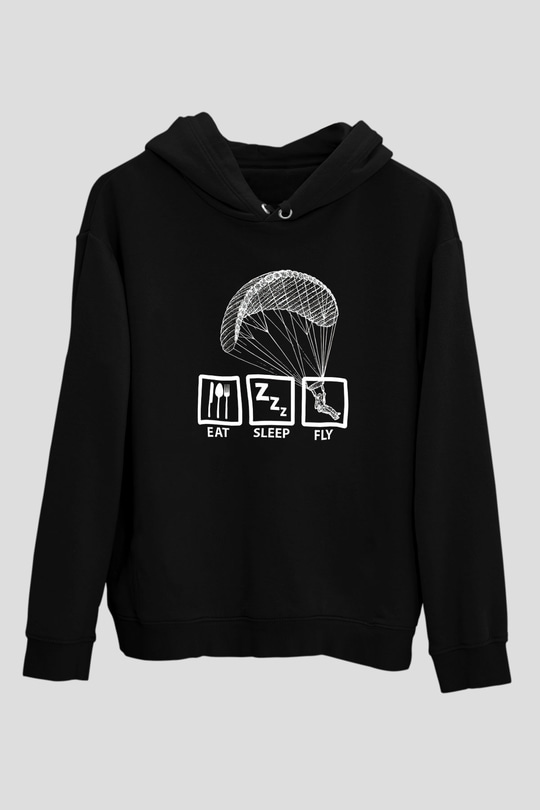 Yamaç Paraşütü - Paragliding Baskılı Unisex Siyah Kapüşonlu Sweatshirt