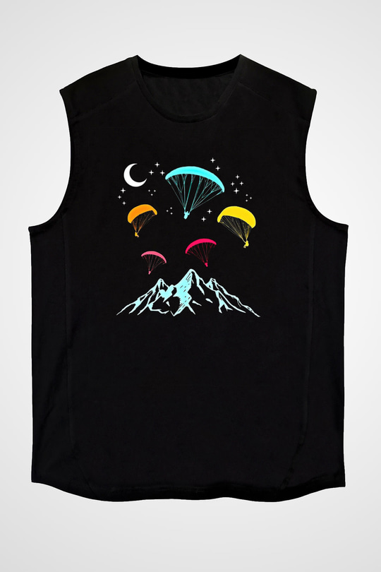 Yamaç Paraşütü - Paragliding Baskılı Unisex Siyah Kolsuz Tişört