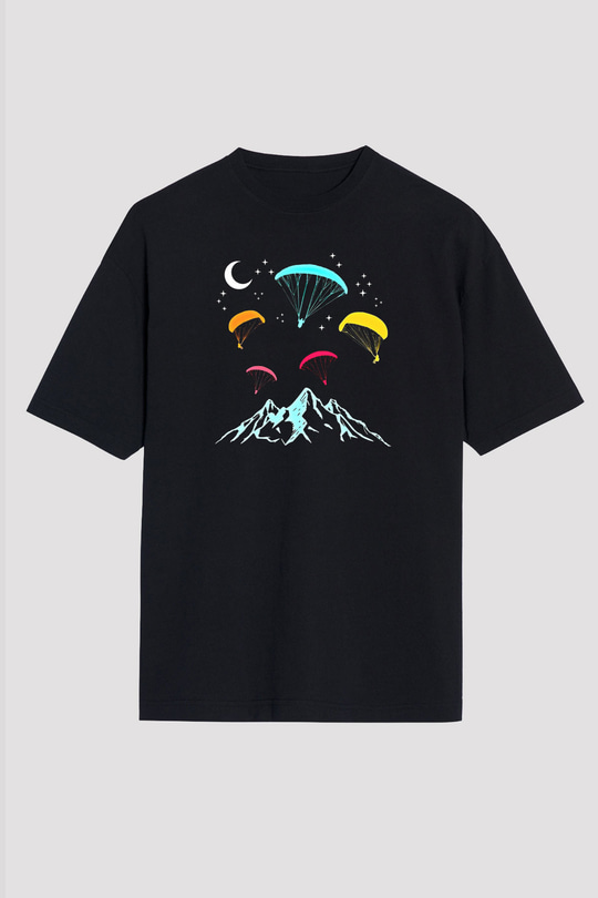 Yamaç Paraşütü - Paragliding Baskılı Unisex Siyah Oversize Tişört
