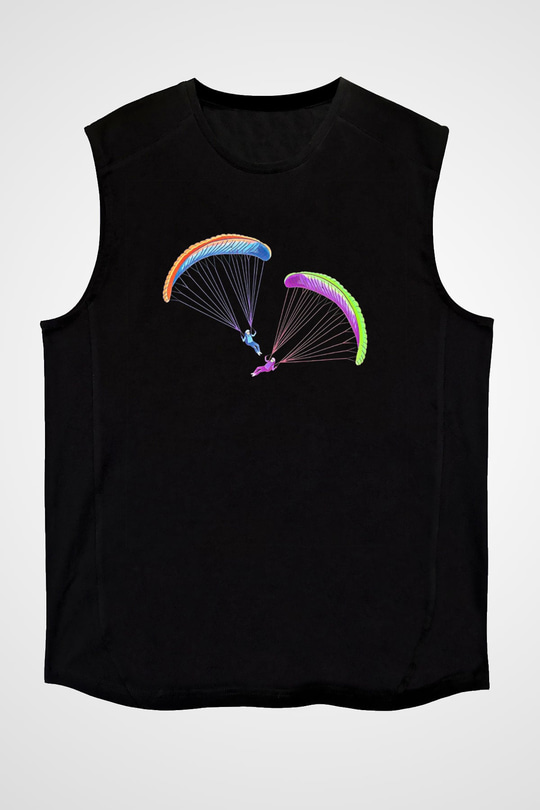 Yamaç Paraşütü - Paragliding Baskılı Unisex Siyah Kolsuz Tişört