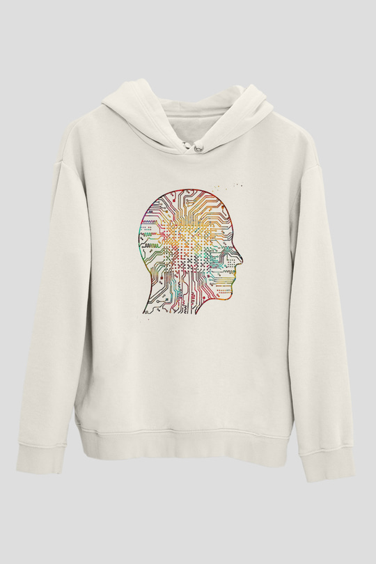 Yapay Zeka Renkli Baskılı Unisex Ekru Hoodie