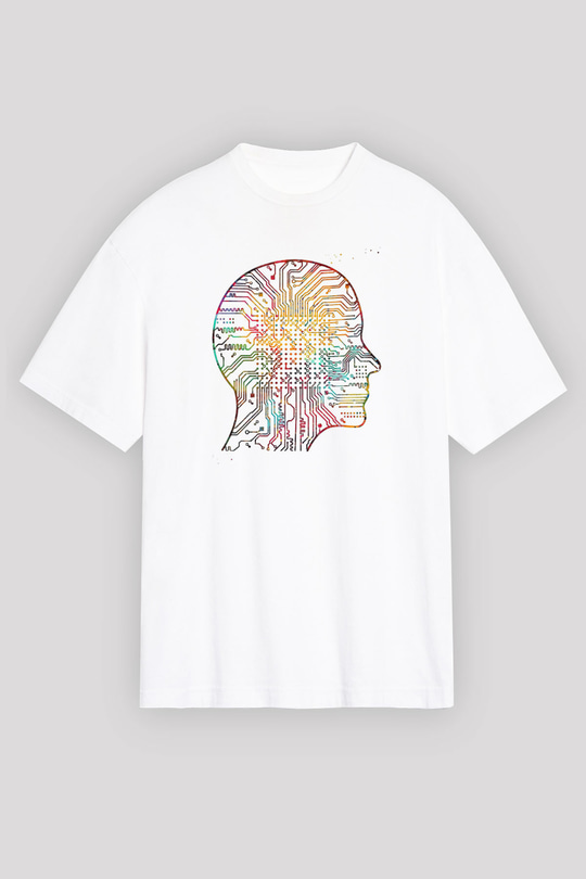 Yapay Zeka Renkli Baskılı Unisex Oversize Beyaz Tişört - Tshirt