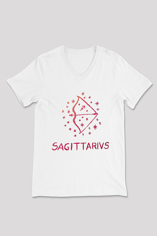 Yay Burcu Baskılı Beyaz Unisex V Yaka Tişört - Tshirt