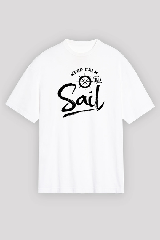 Yelken Baskılı Unisex Beyaz Oversize Tişört - Tshirt