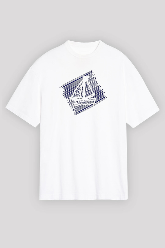 Yelken Baskılı Unisex Beyaz Oversize Tişört - Tshirt