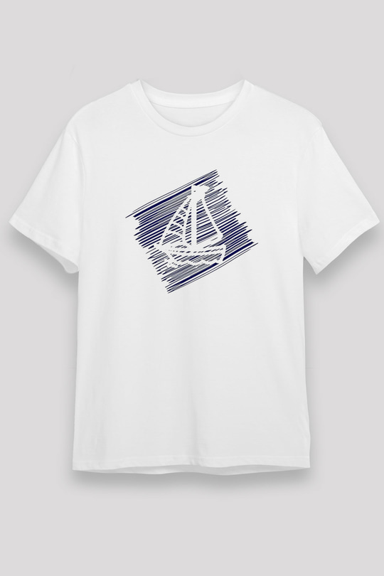 Yelken Baskılı Unisex Beyaz Tişört - Tshirt