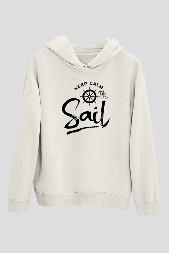 Yelken Baskılı Unisex Ekru Hoodie
