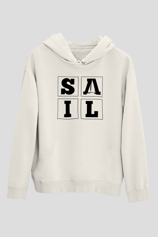 Yelken Baskılı Unisex Ekru Hoodie